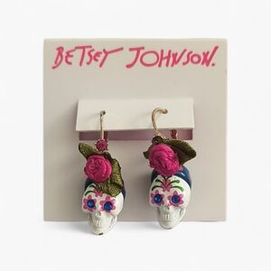 Betsey Johnson Betseyvilla Dia De Los Muertos White Sugar Skull Rose Earrings